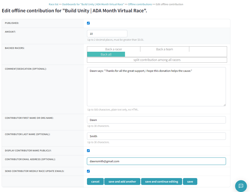 Edit offline contribution form showing all fields including amount, backed racers, comment, and contributor details